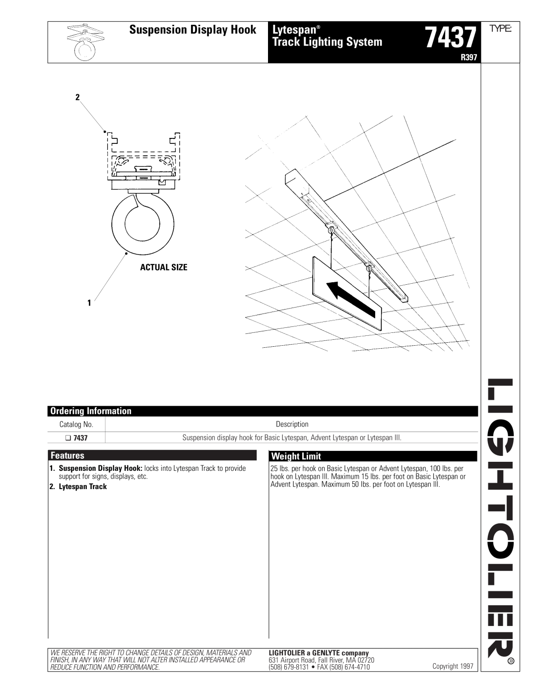 Lightolier 7437 manual Lytespan, Track Lighting System, Suspension Display Hook, 7650, Ordering Information, Features 