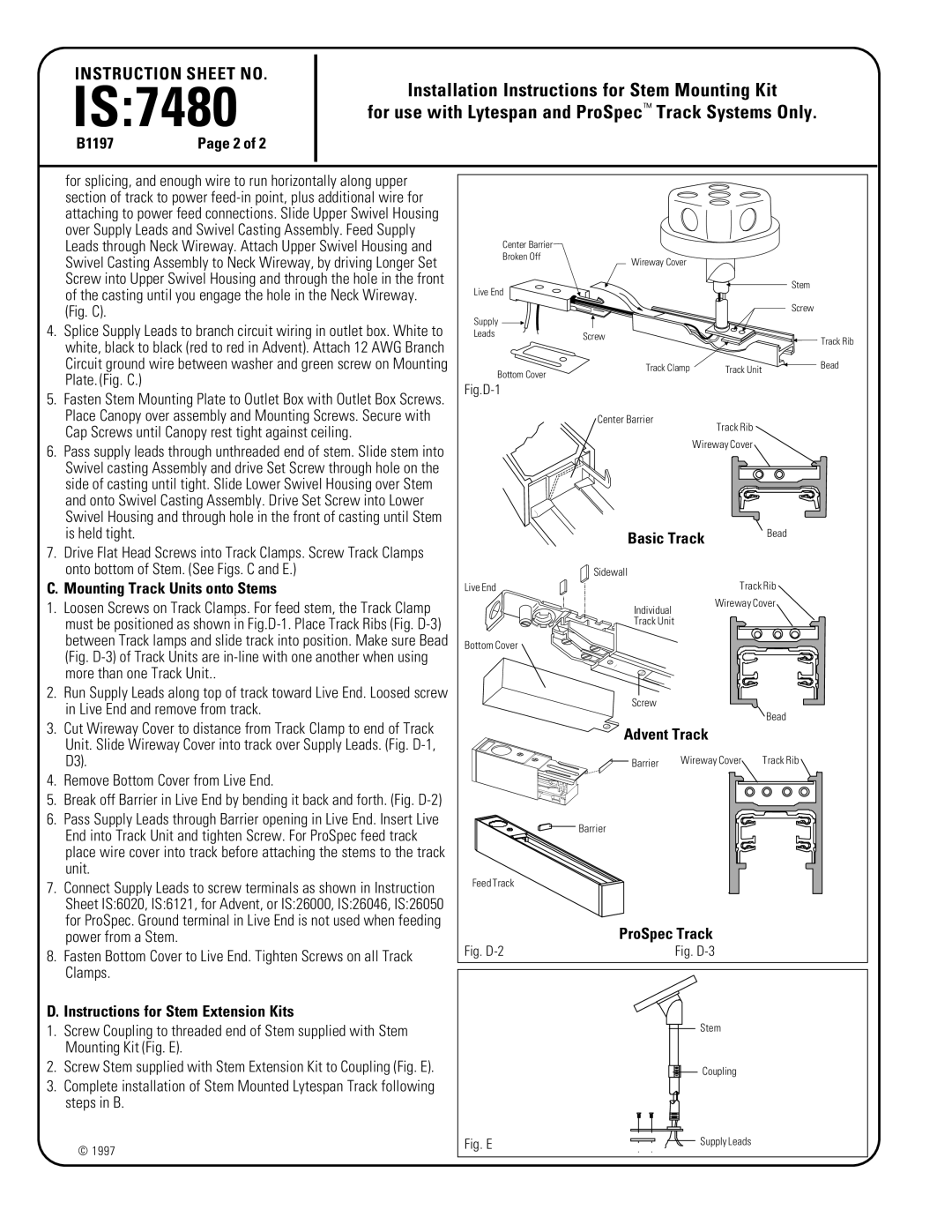 Lightolier 7480 instruction sheet B1197, Mounting Track Units onto Stems, Instructions for Stem Extension Kits 