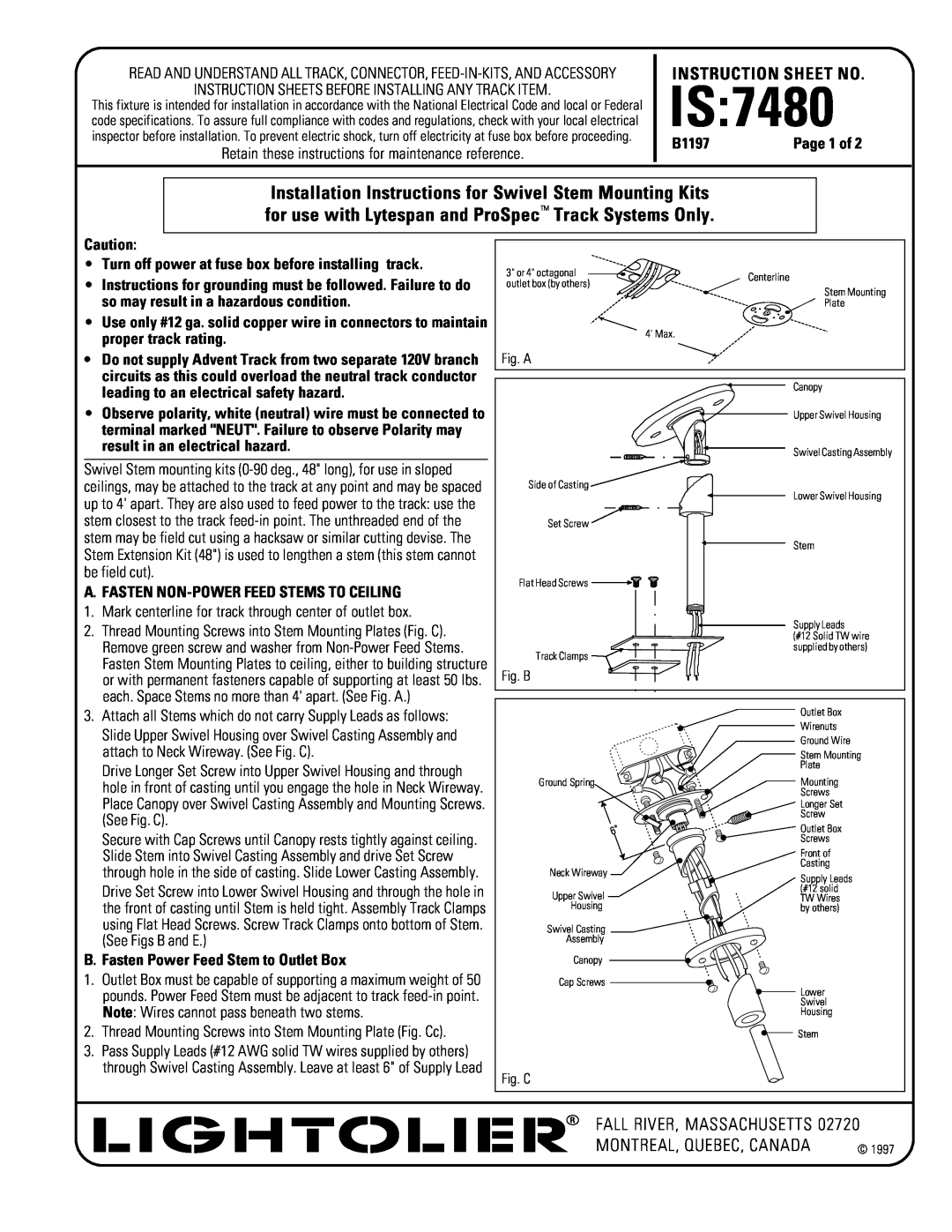 Lightolier 7480 instruction sheet Is, Instruction Sheet No, Fall River, Massachusetts 