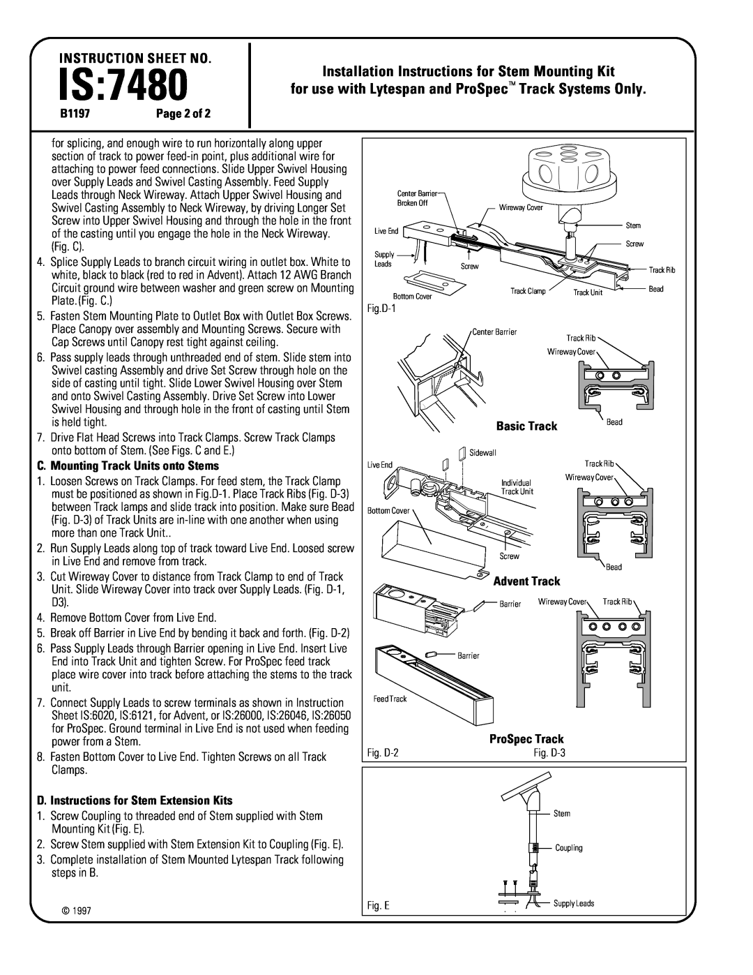 Lightolier 7480 instruction sheet Is, Installation Instructions for Stem Mounting Kit, Instruction Sheet No, B1197 