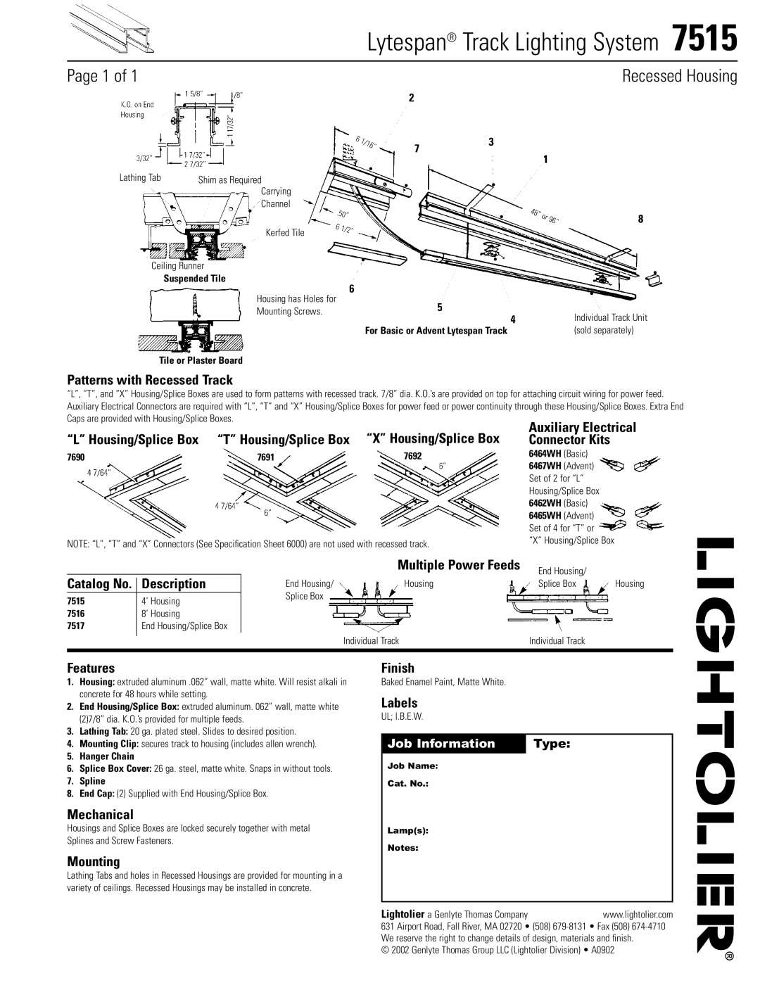 Lightolier 7515 specifications Lytespan Track Lighting System 