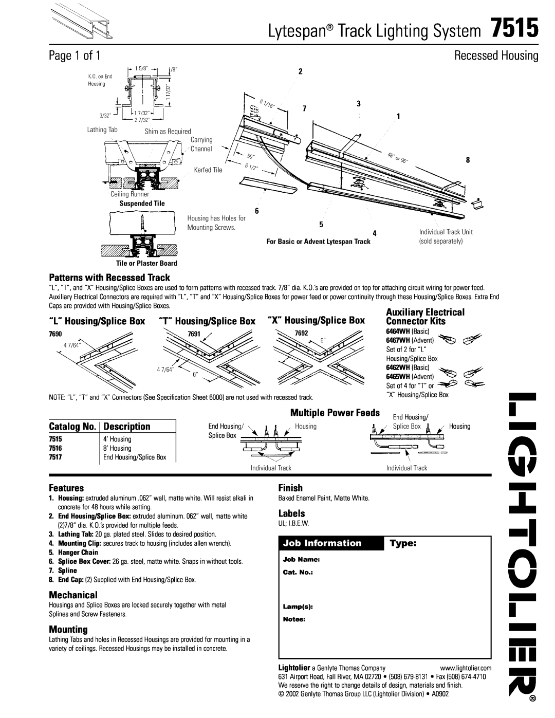 Lightolier 7515 specifications Lytespan Track Lighting System, Page 1 of, Recessed Housing, Patterns with Recessed Track 