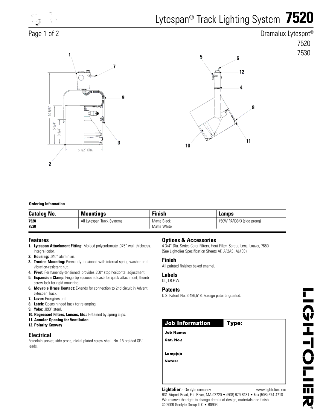 Lightolier 7520 specifications Catalog No Mountings Finish Lamps, Features, Electrical, Options & Accessories, Labels 