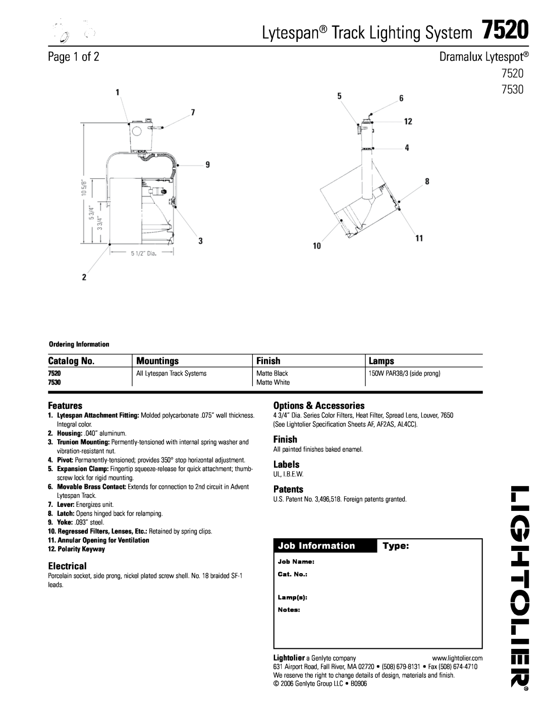 Lightolier 7520 specifications Page 1 of, Dramalux Lytespot, 7530, Lytespan Track Lighting System, Catalog No, Mountings 