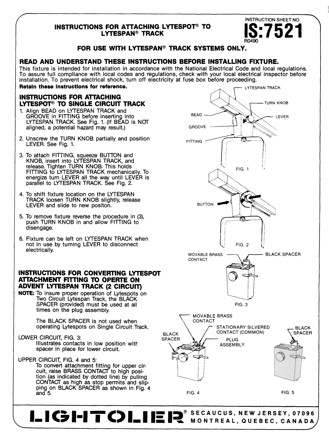 Lightolier instruction sheet IS7521, LYTESPAN@ Track, Instructions for Aitaching Lytespov to 