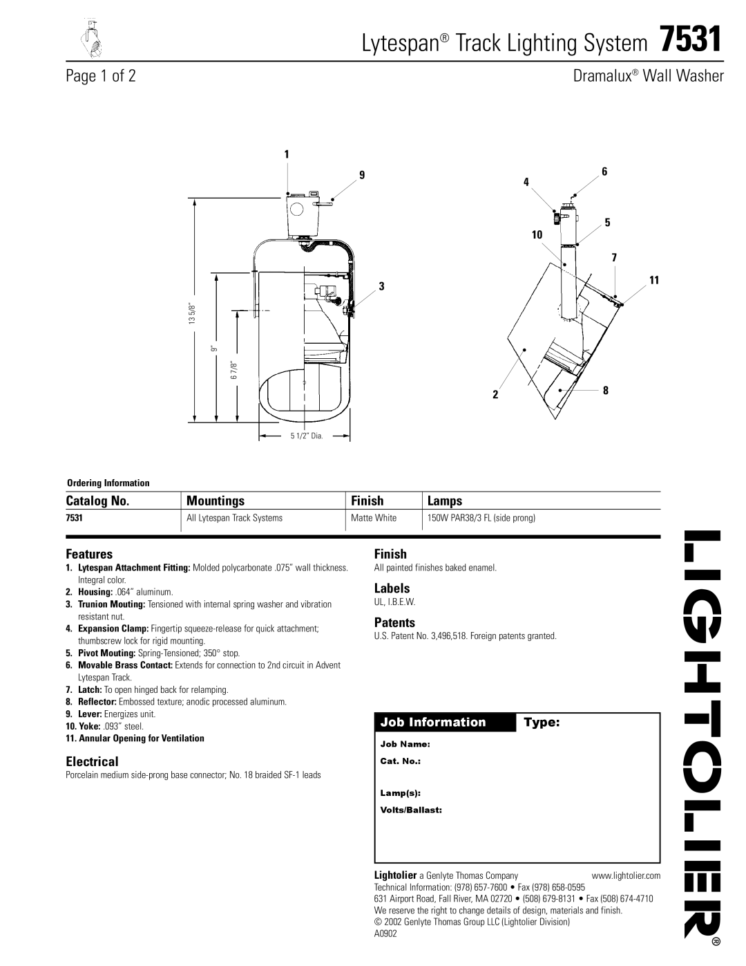 Lightolier 7531 manual Catalog No Mountings Finish Lamps, Features, Electrical, Labels, Patents 