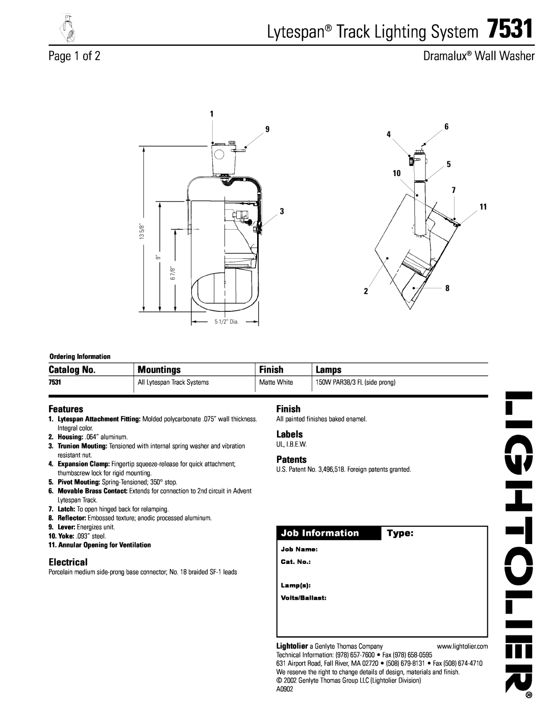Lightolier 7531 manual Page 1 of, Job Information, Type, Lytespan Track Lighting System, Dramalux Wall Washer, Catalog No 