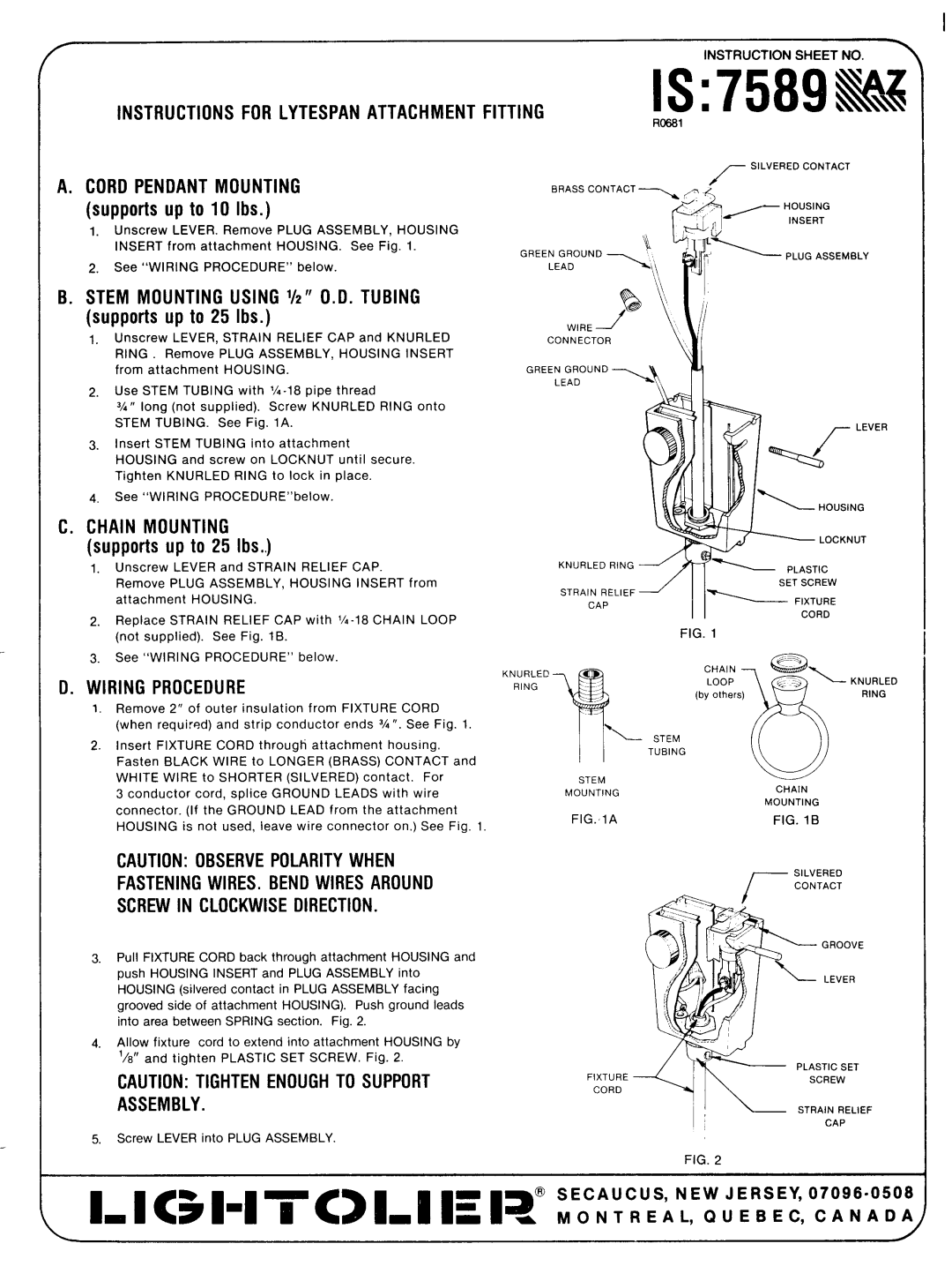 Lightolier 7589AZ instruction sheet Instructions for Lytespan Attachment Fitting, Stem Mounting Using 1/2 O.D. Tubing 