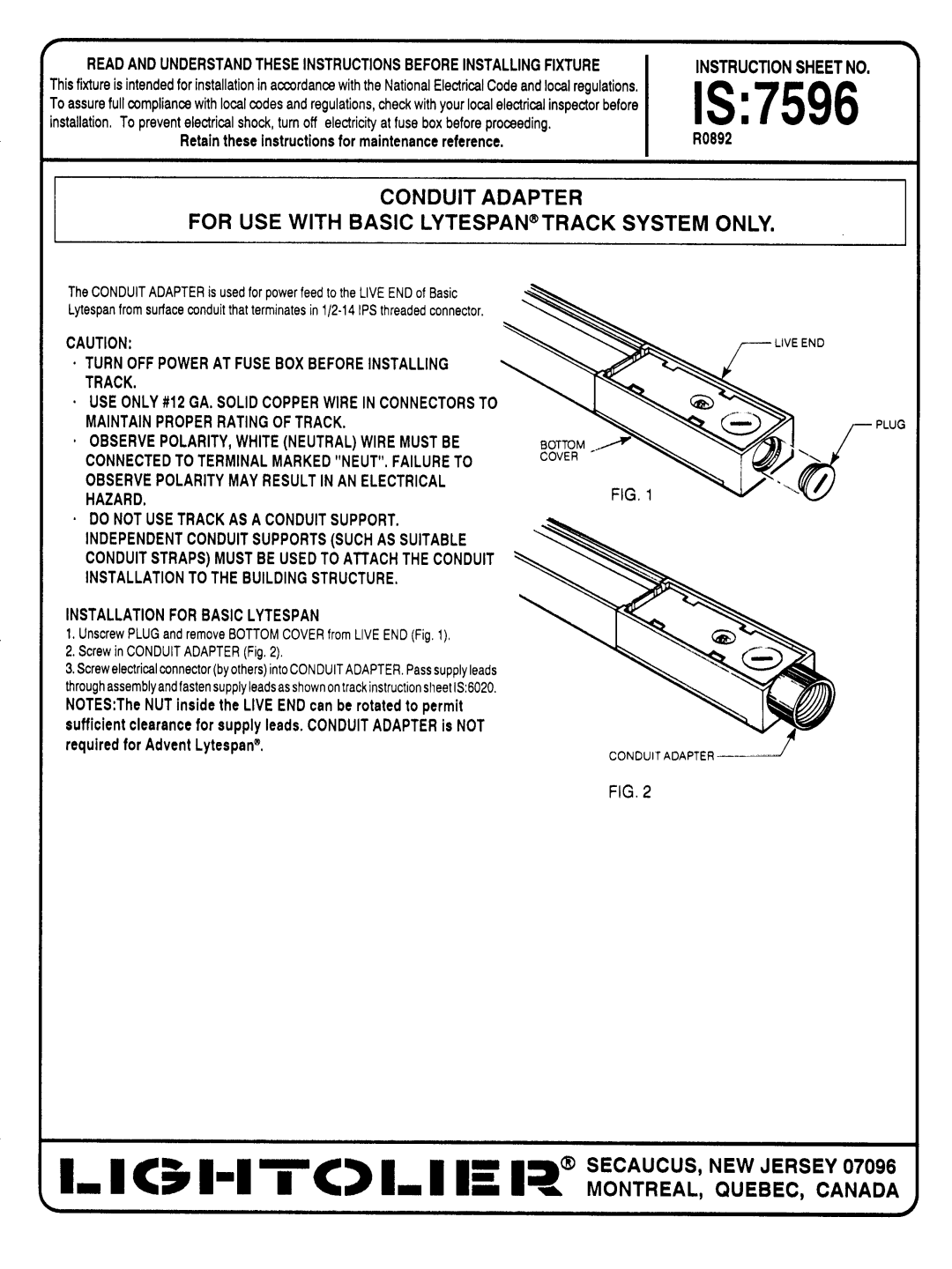 Lightolier instruction sheet IS7596, Instruction Sheet no, Track, Installation for Basiclytespan, Bottom Cover 