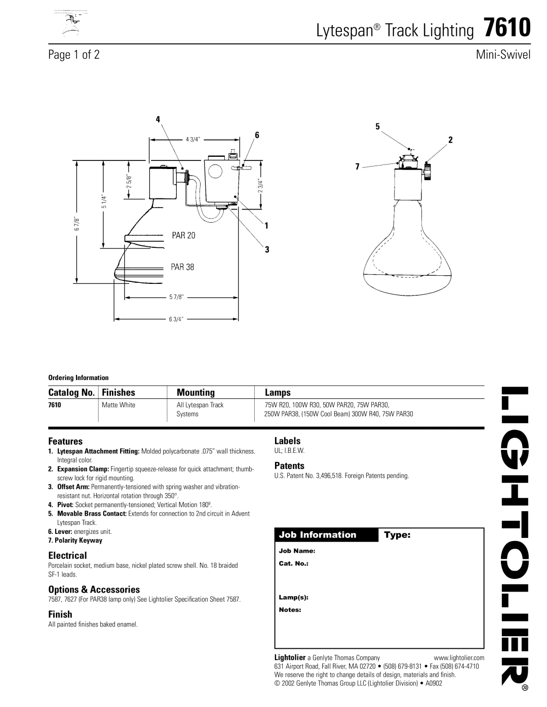 Lightolier 7610 specifications Finishes Mounting Lamps, Features, Electrical, Options & Accessories, Labels, Patents 