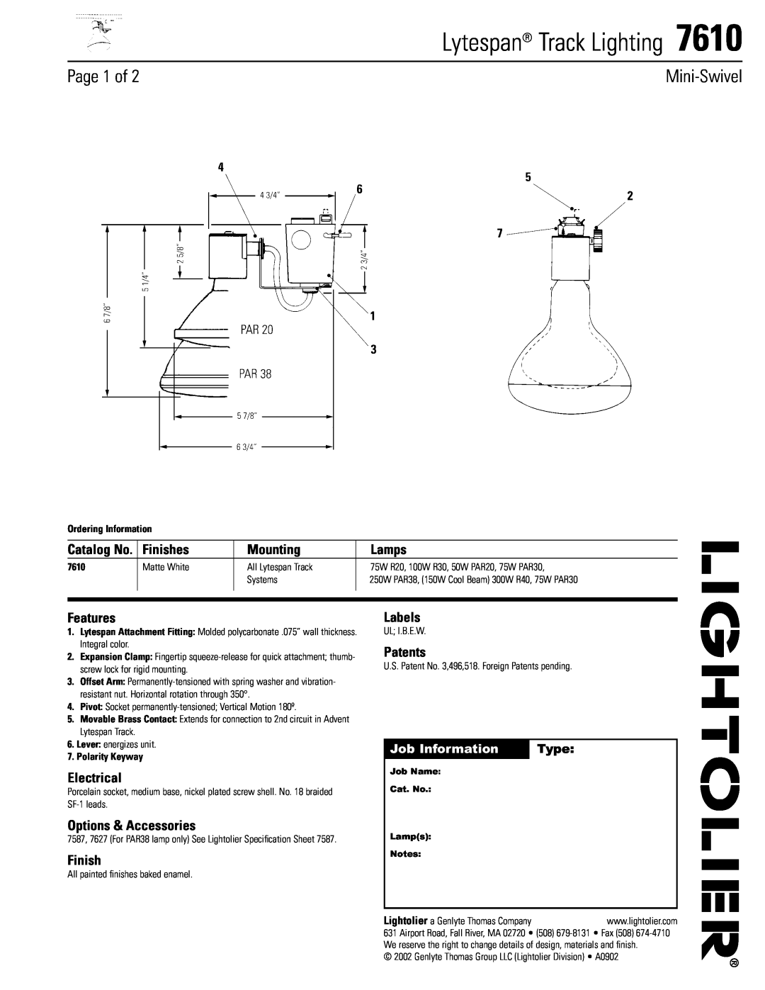 Lightolier 7610 specifications Finishes, Mounting, Lamps, Features, Electrical, Options & Accessories, Labels, Patents 
