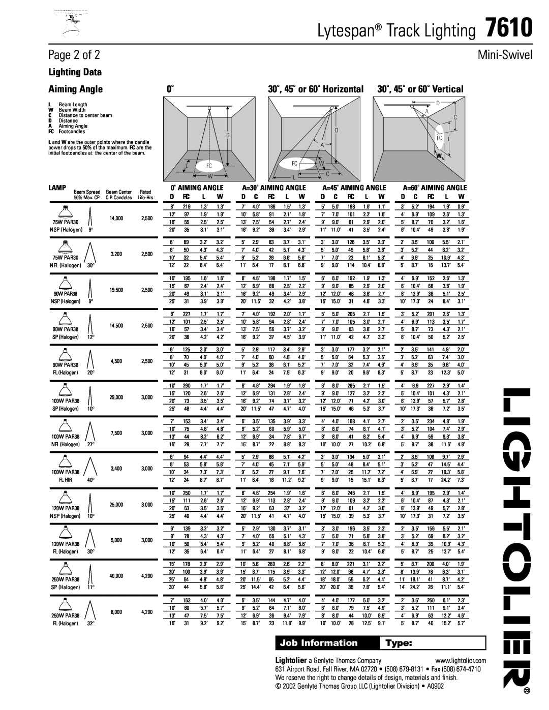 Lightolier 7610 Lighting Data, Aiming Angle, Type, Lamp, 0˚ AIMING ANGLE, Lytespan Track Lighting, Page 2 of, Mini-Swivel 