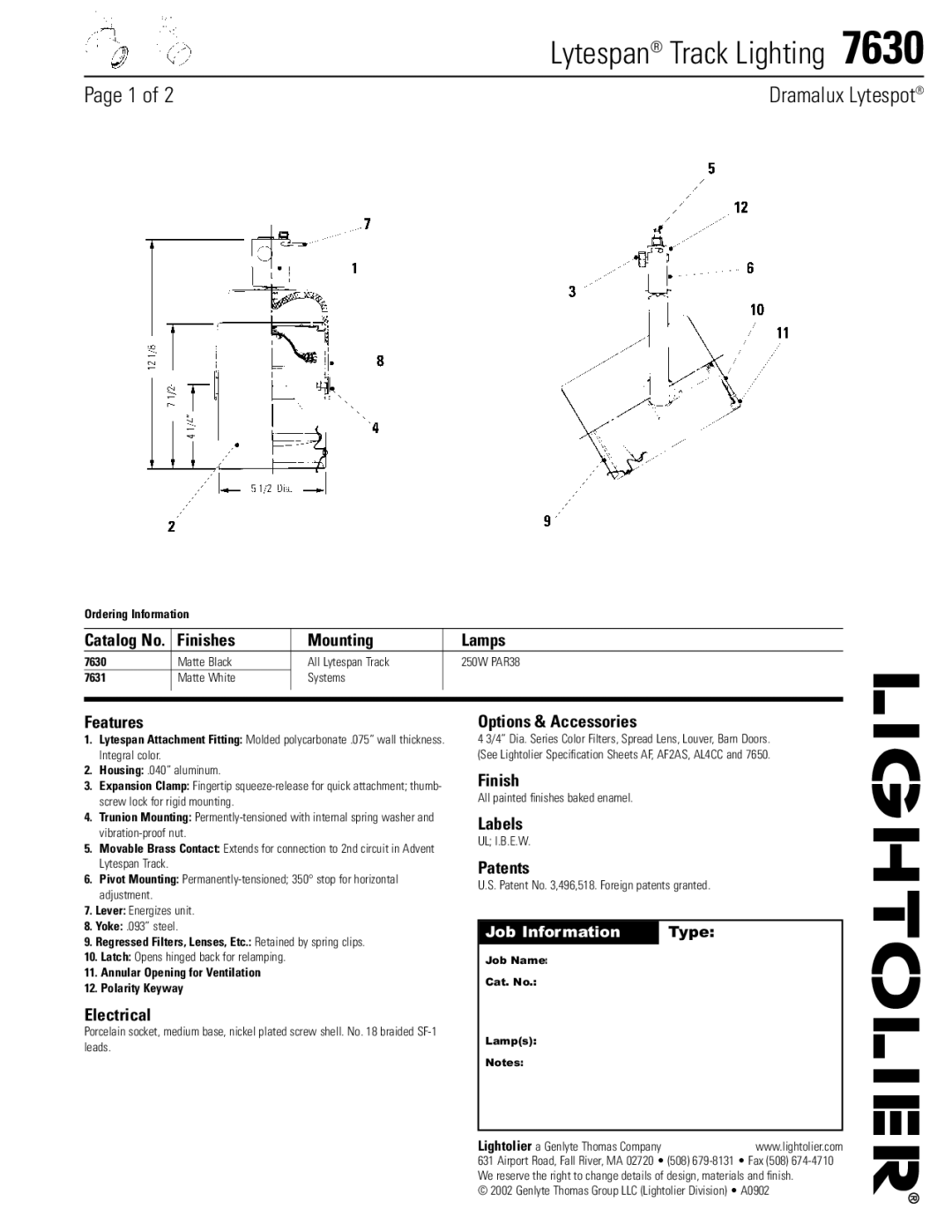 Lightolier 7630 specifications Finishes Mounting Lamps, Features, Electrical, Options & Accessories, Labels, Patents 