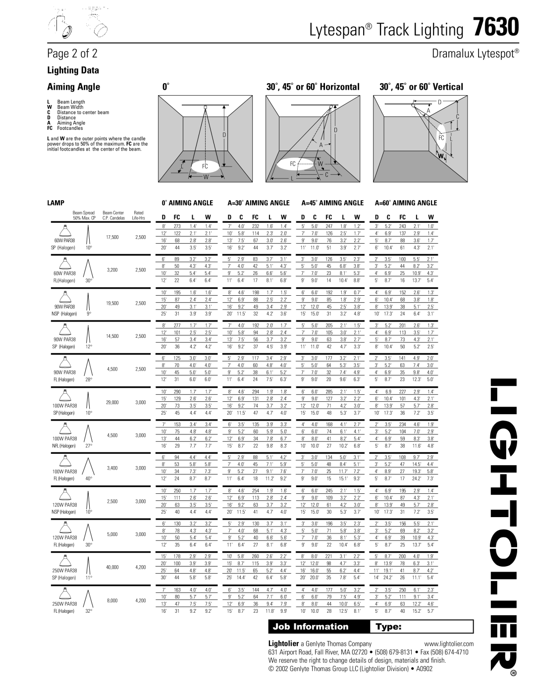 Lightolier 7630 specifications Lighting Data Aiming Angle, 30˚, 45˚ or 60˚ Horizontal 