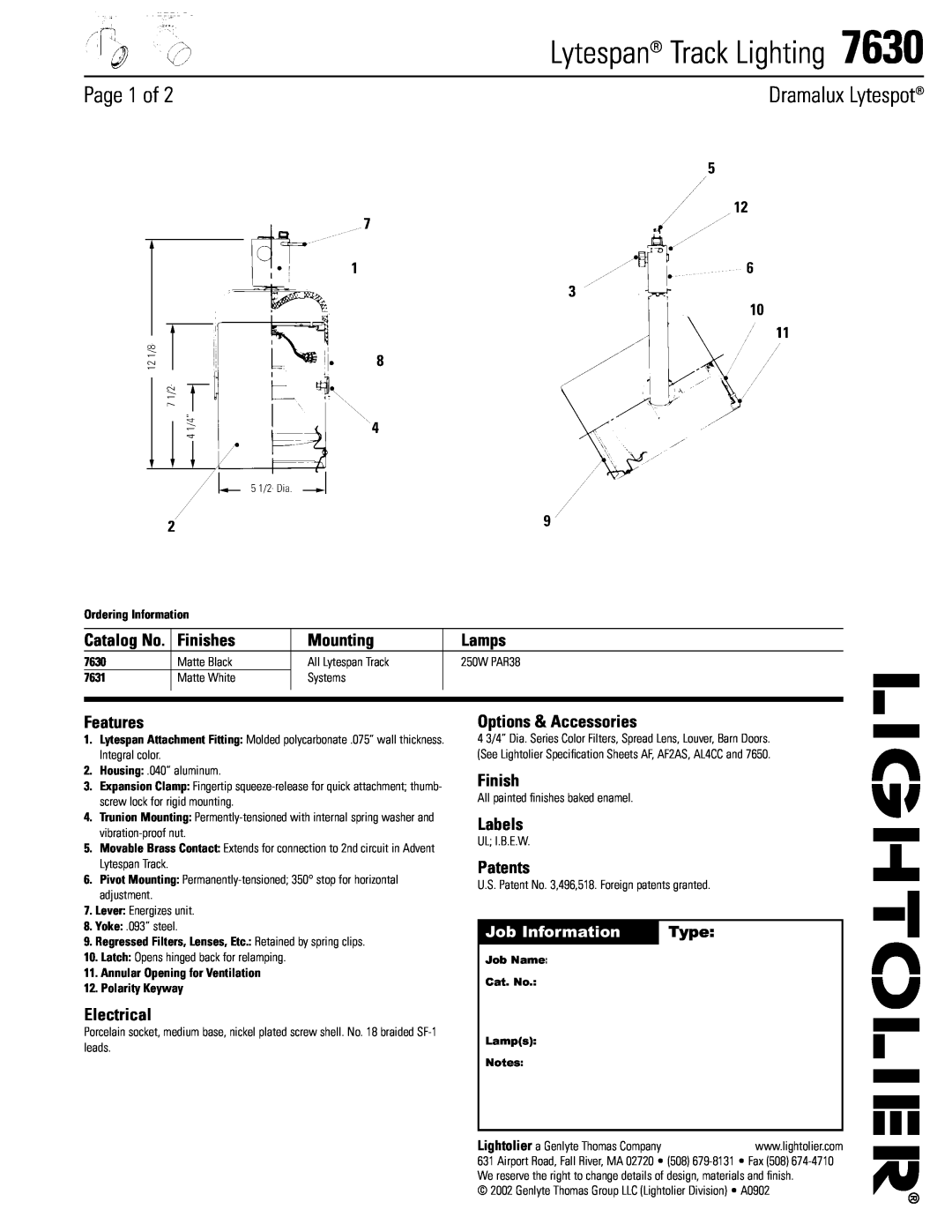 Lightolier 7630 specifications Page 1 of, Finishes, Mounting, Lamps, Features, Electrical, Options & Accessories, Labels 