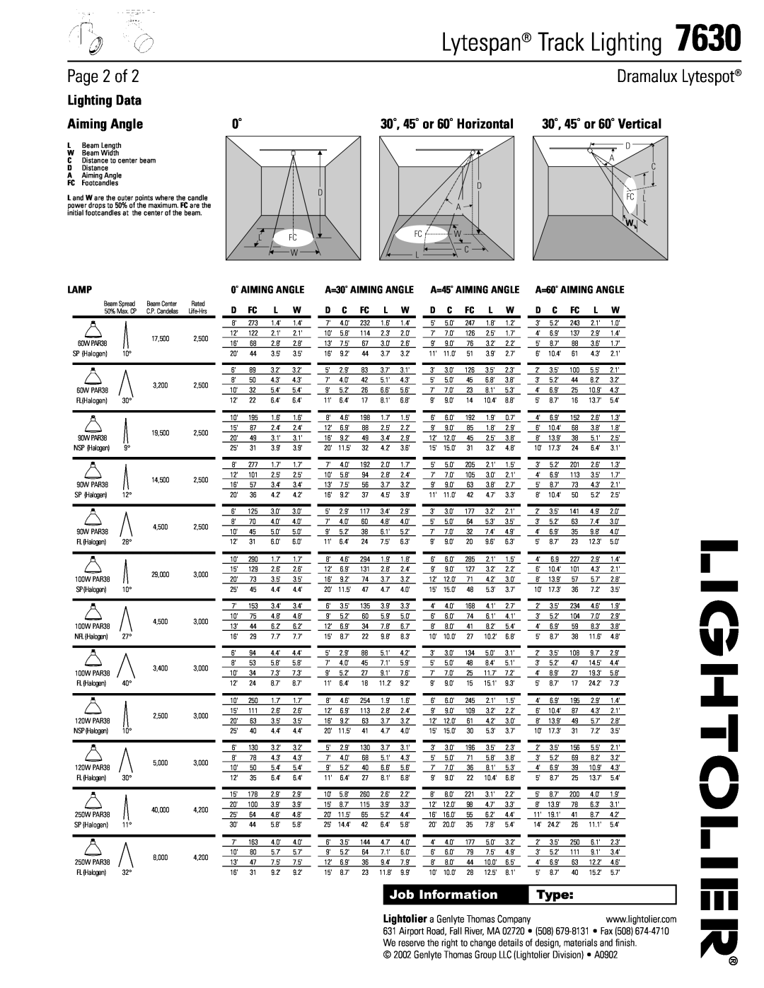 Lightolier 7630 specifications Page 2 of, Dramalux Lytespot, Lighting Data, Aiming Angle, 30˚, 45˚ or 60˚ Horizontal, Type 