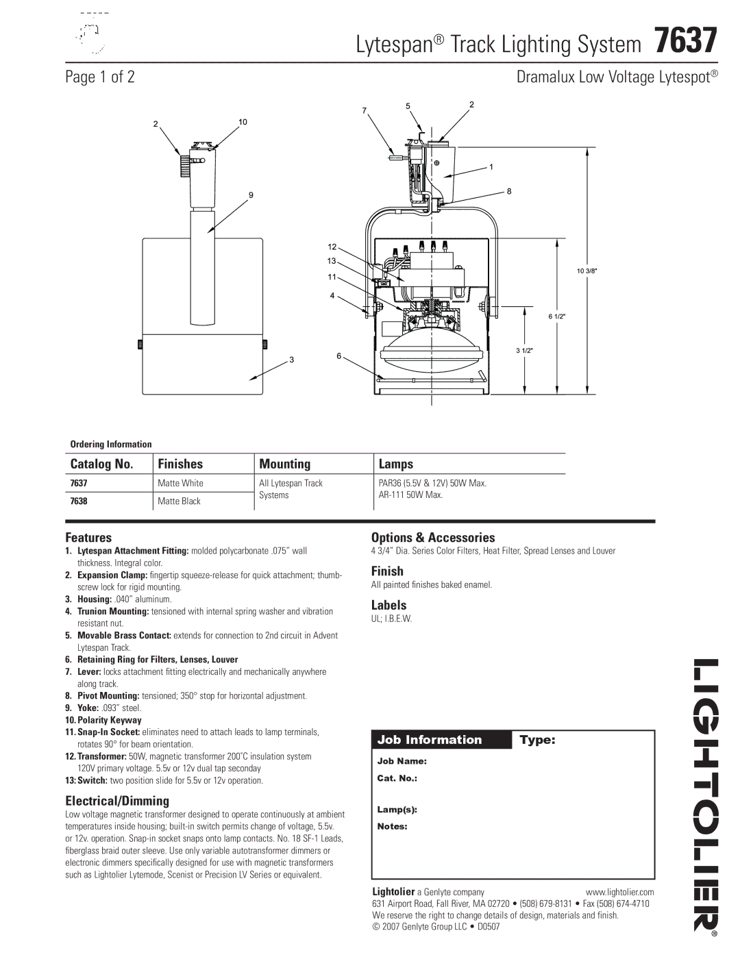 Lightolier 7637 manual Catalog No Finishes Mounting Lamps, Features, Electrical/Dimming, Options & Accessories, Labels 