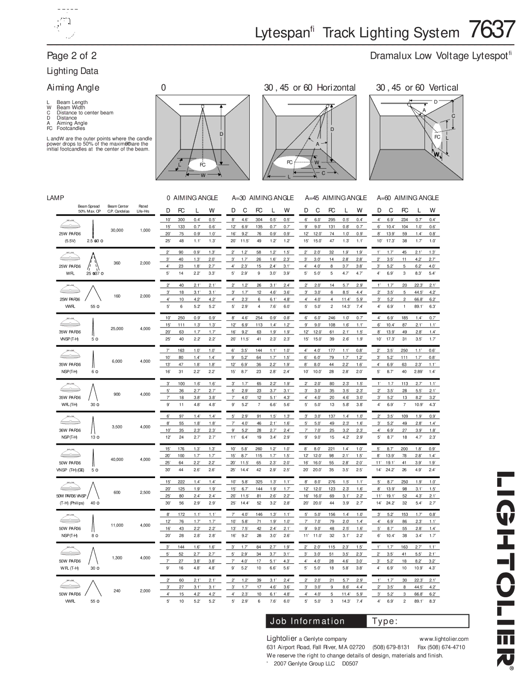 Lightolier 7637 manual Lighting Data Aiming Angle, 30˚, 45˚ or 60˚ Horizontal 