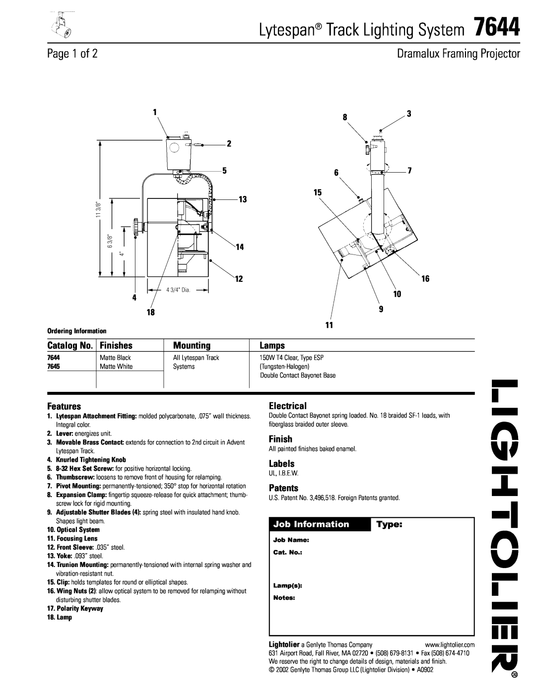 Lightolier 7644 manual Lytespan Track Lighting System, Page 1 of, Dramalux Framing Projector, Catalog No, Job Information 