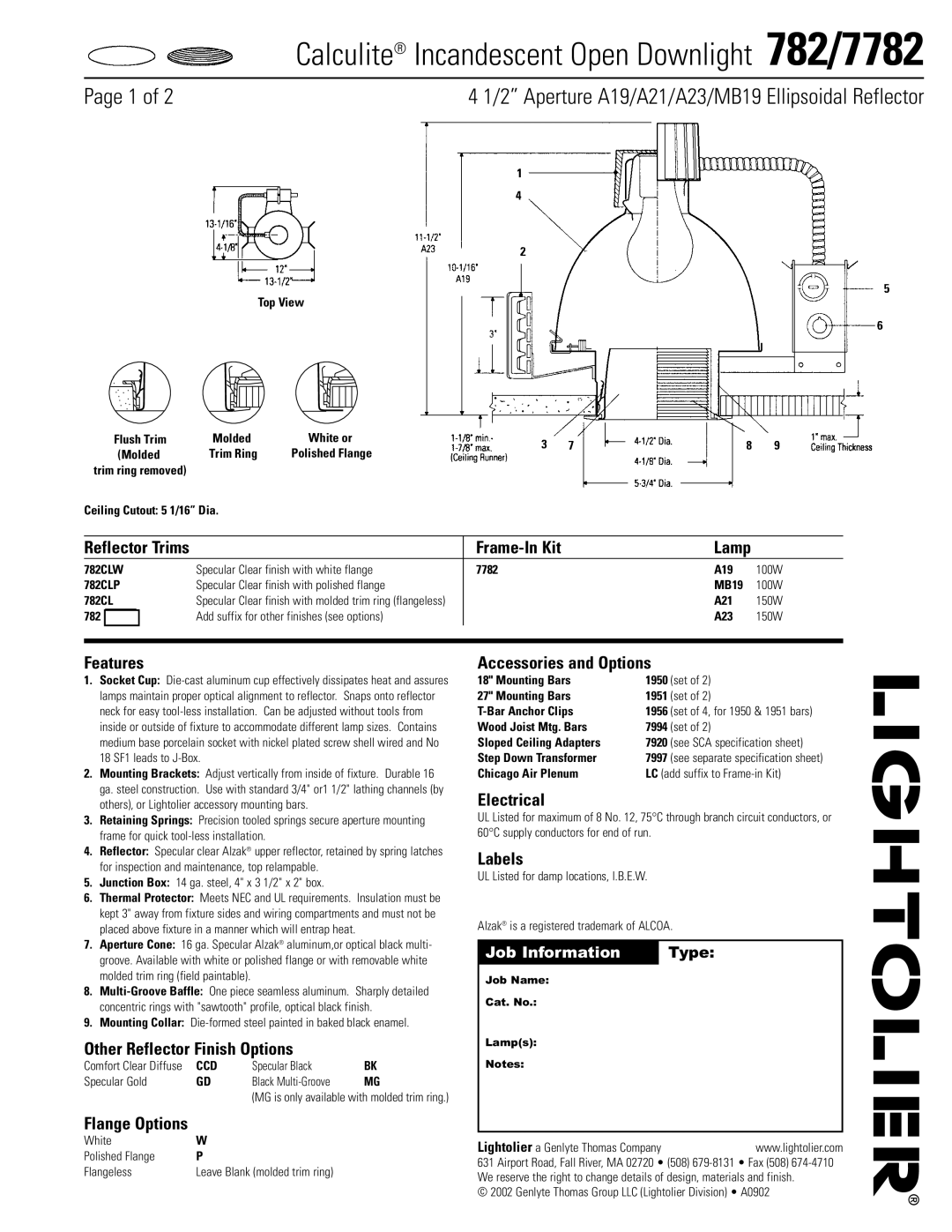 Lightolier 7782 specifications Frame-In Kit, Features, Other Reflector Finish Options, Flange Options, Electrical, Labels 