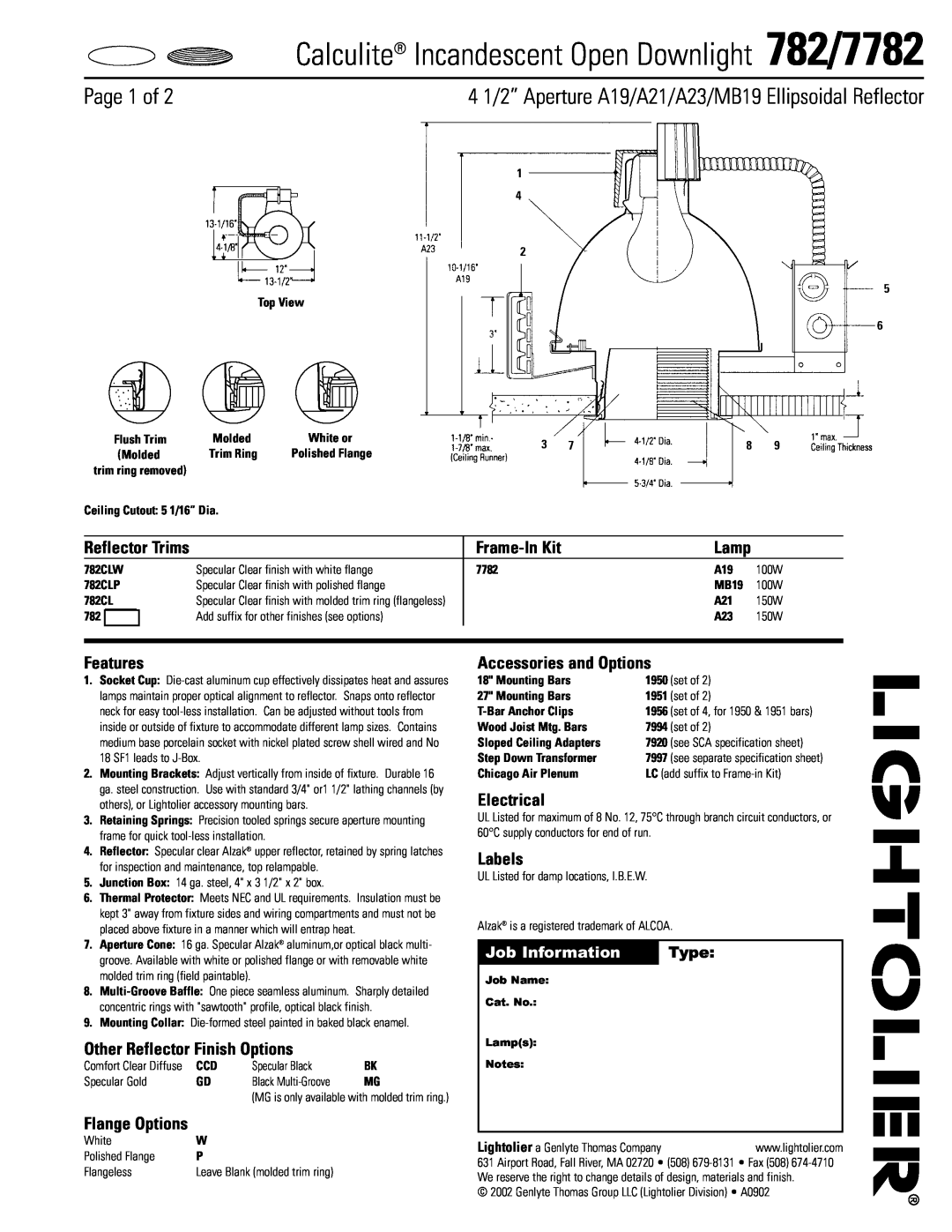 Lightolier specifications Calculite Incandescent Open Downlight 782/7782, Page 1 of, Job Information, Type, Frame-InKit 
