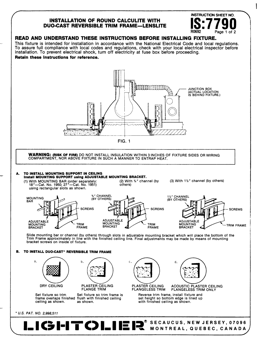 Lightolier instruction sheet IS7790, DUO-CAST Reversible Trim FRAME-LENSLITE, Installation of Round Calculite with, ’/2 