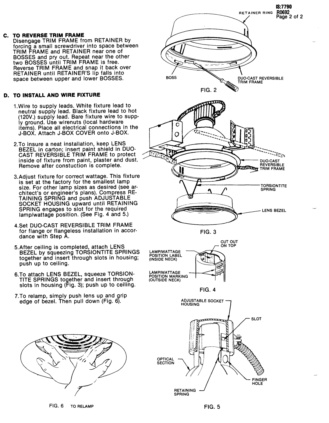 Lightolier instruction sheet To Reverse Trim Frame, To Install and Wire Fixture, IS7790 