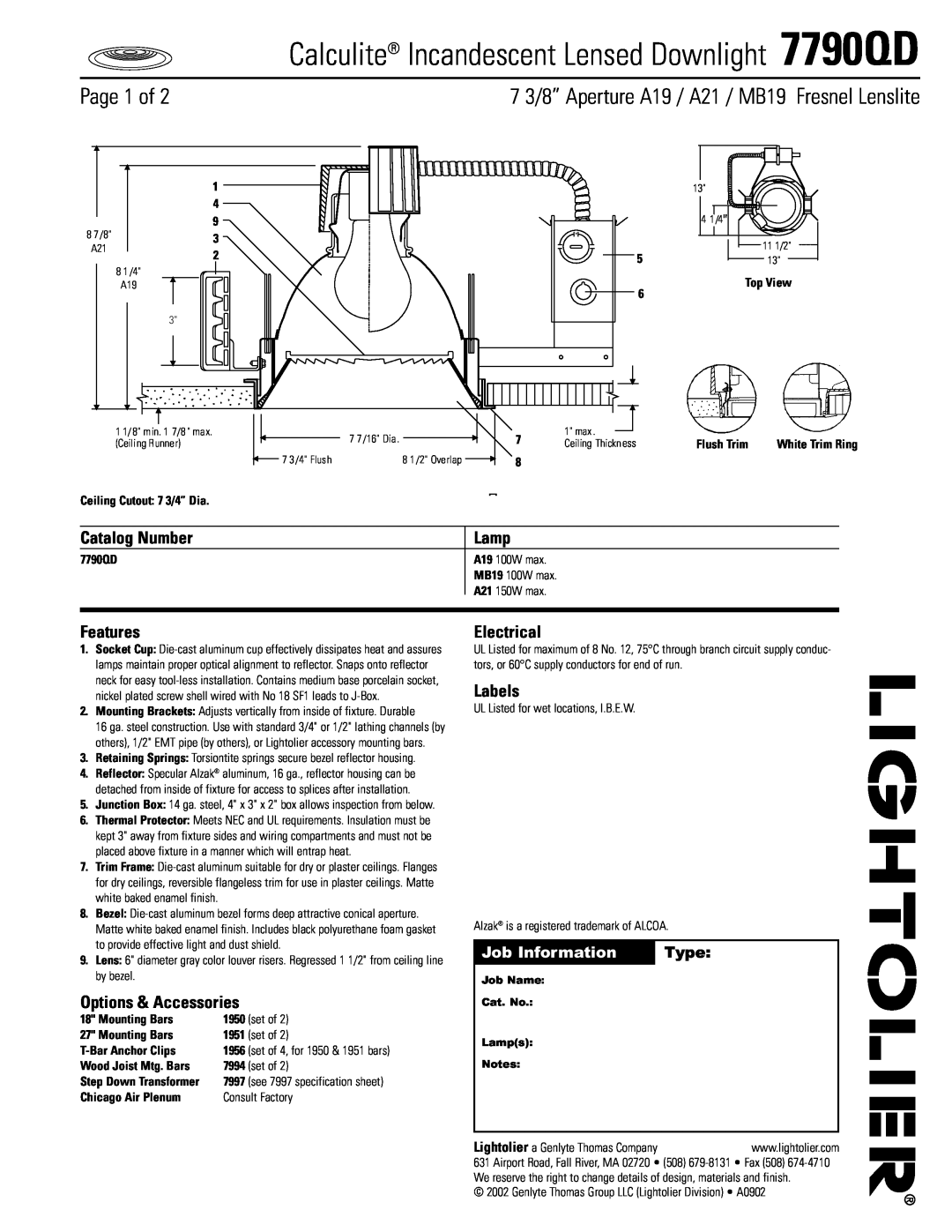 Lightolier specifications Calculite Incandescent Lensed Downlight 7790QD, Page 1 of, Job Information, Type, Lamp 