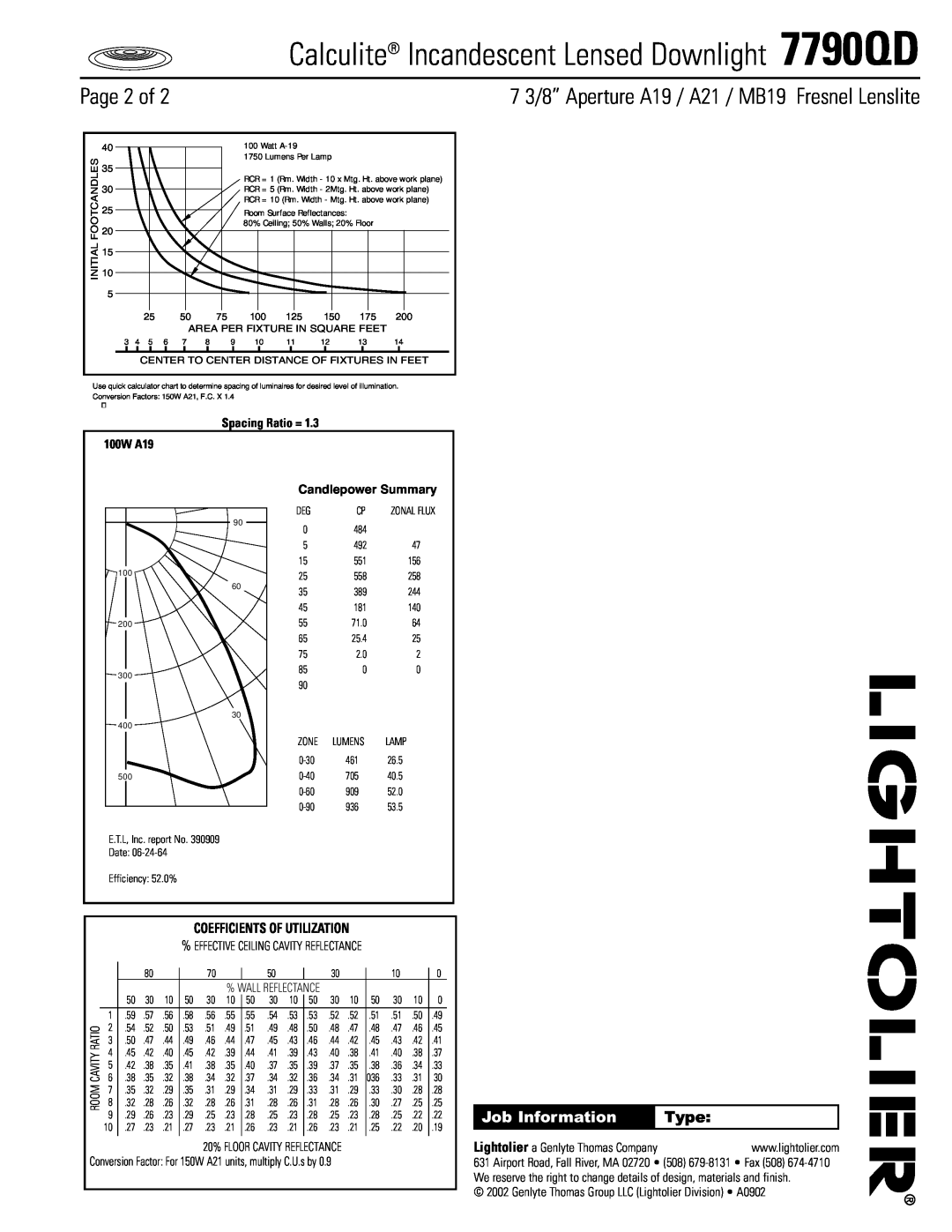 Lightolier 7790QD Page 2 of, 7 3/8” Aperture A19 / A21 / MB19 Fresnel Lenslite, Job Information, Type, Spacing Ratio = 