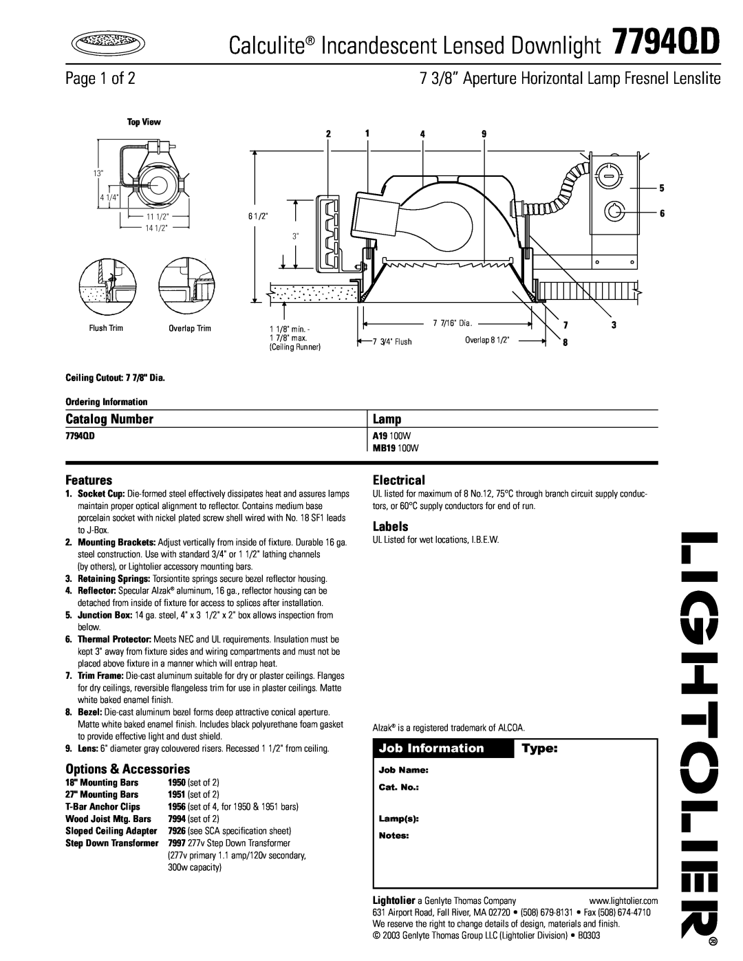 Lightolier specifications Job Information, Type, Calculite Incandescent Lensed Downlight 7794QD, Page 1 of, Lamp 