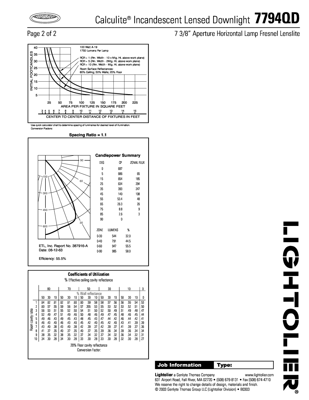Lightolier Calculite, Incandescent Lensed Downlight 7794QD, Page 2 of, 7 3/8” Aperture Horizontal Lamp Fresnel Lenslite 