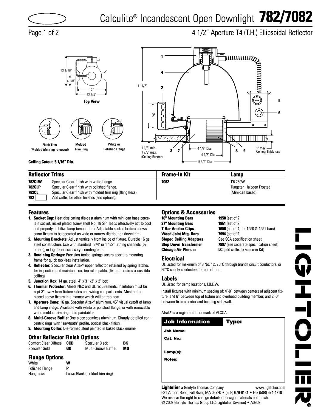 Lightolier specifications Calculite Incandescent Open Downlight 782/7082, Page 1 of, Job Information, Type, Frame-InKit 