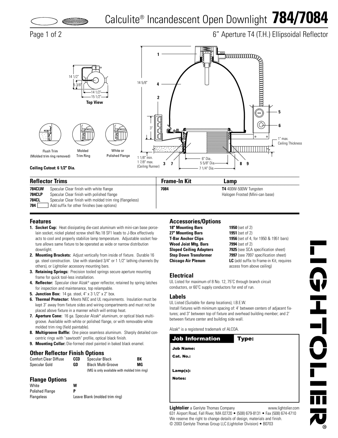 Lightolier 784/7084 specifications Reflector Trims Frame-In Kit Lamp, Features, Other Reflector Finish Options, Electrical 