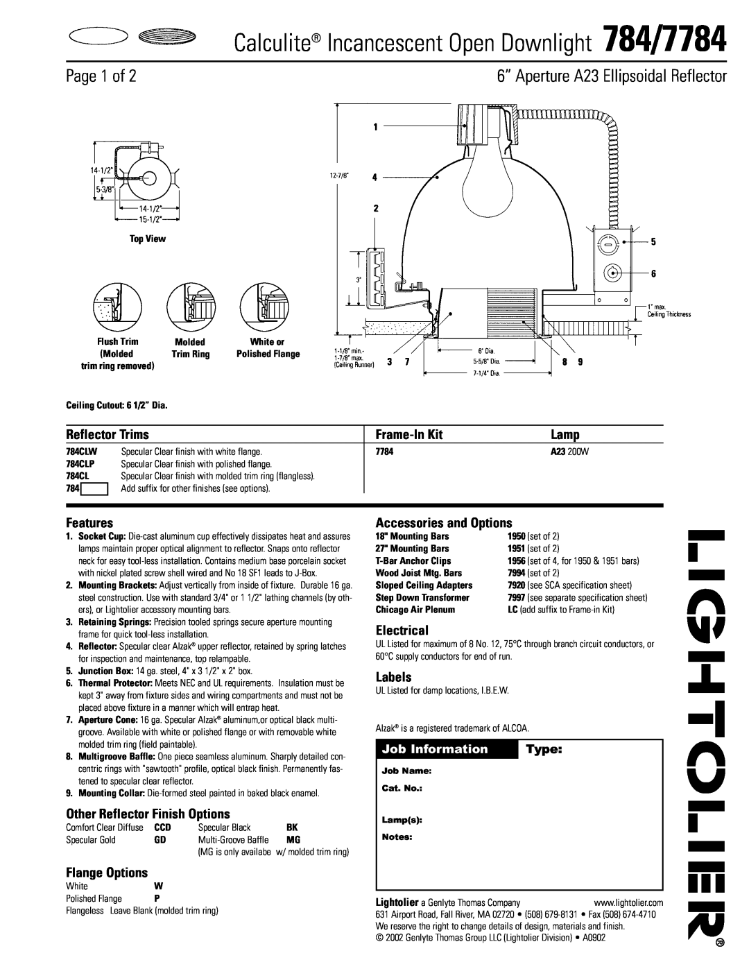 Lightolier specifications Calculite Incancescent Open Downlight 784/7784, Page 1 of, Job Information, Type, Frame-InKit 