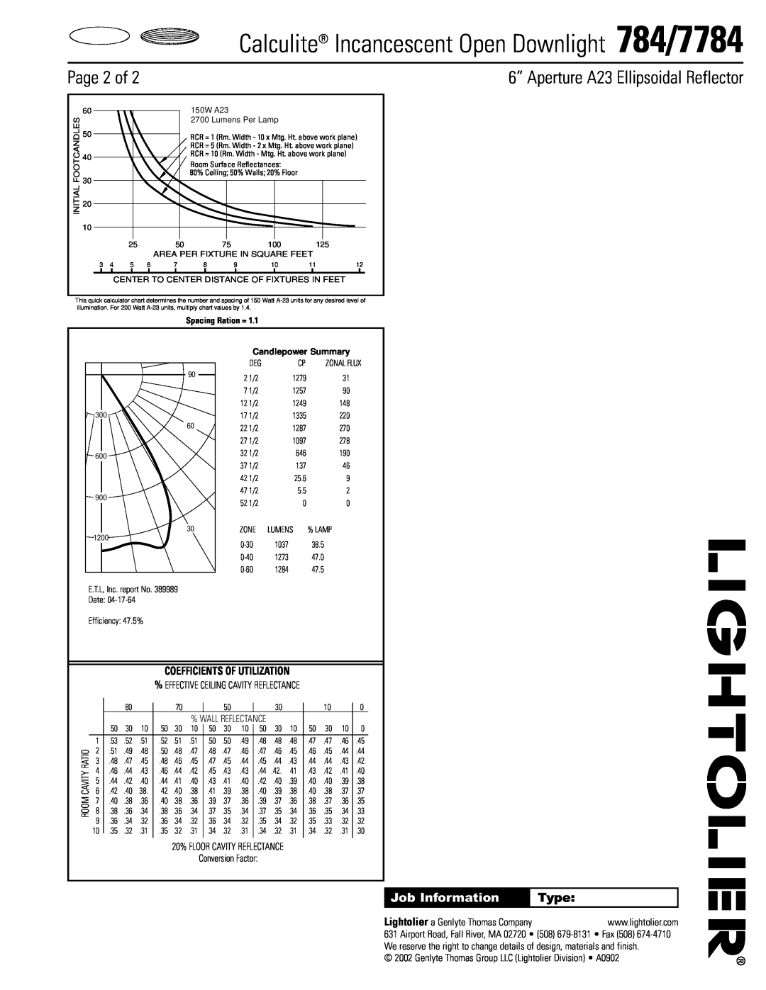 Lightolier Page 2 of, Calculite Incancescent Open Downlight 784/7784, 6” Aperture A23 Ellipsoidal Reflector, Type 