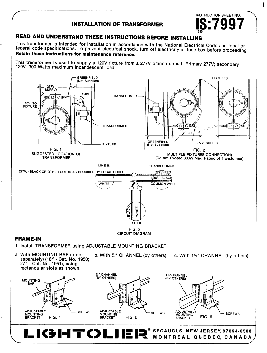 Lightolier 7997 specifications Is, 1-1, 1 1?.o.,,,i,,.”,,,~, G.R’w7i!i, Installation, Of Transformer, Frame-In, 1285 