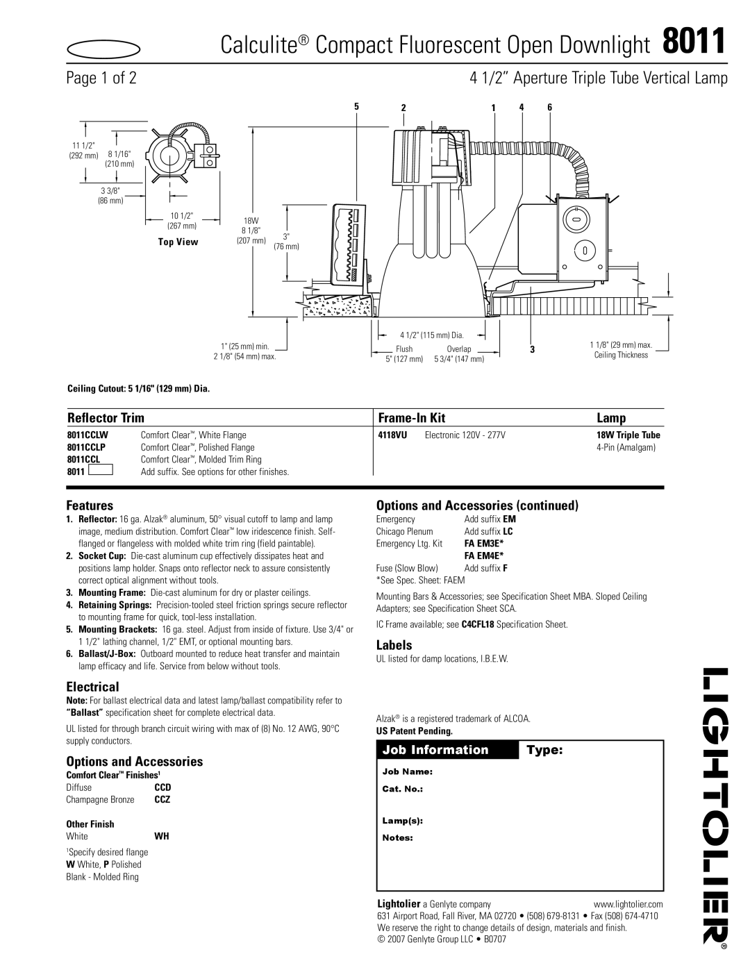 Lightolier 8011 specifications Reflector Trim Frame-In Kit Lamp, Features, Electrical, Options and Accessories, Labels 