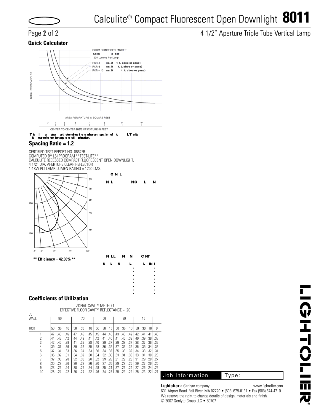 Lightolier 8011 specifications Quick Calculator, Spacing Ratio = 