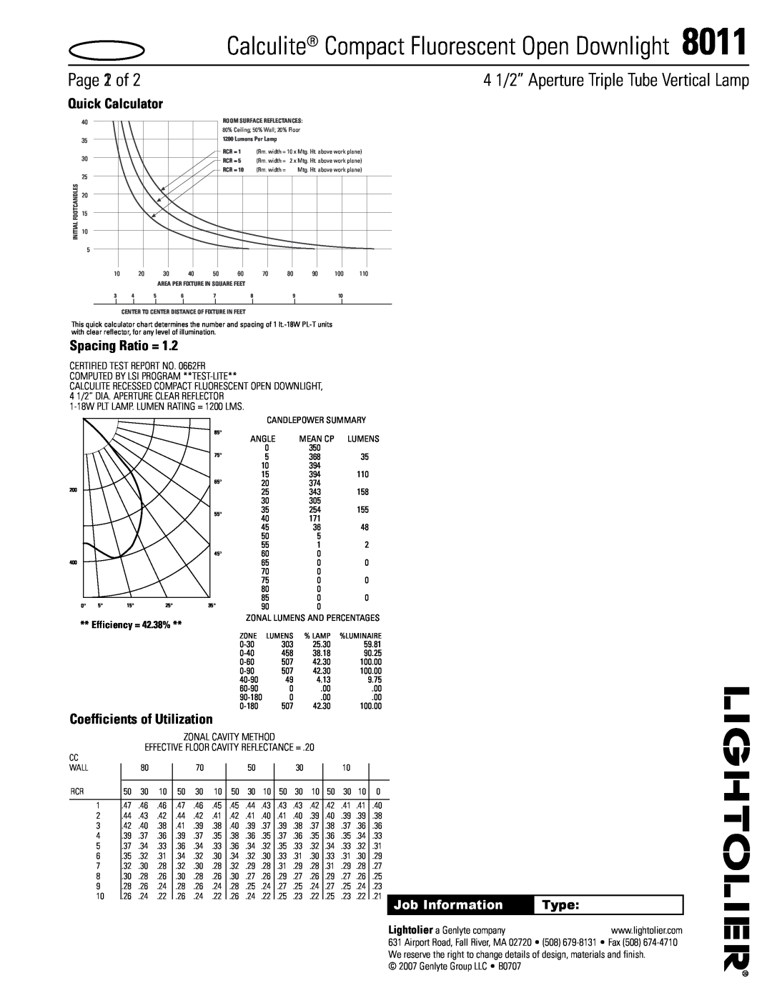 Lightolier 8011 Page 21 of, Quick Calculator, Spacing Ratio =, Calculite Compact Fluorescent Open Downlight, Type 