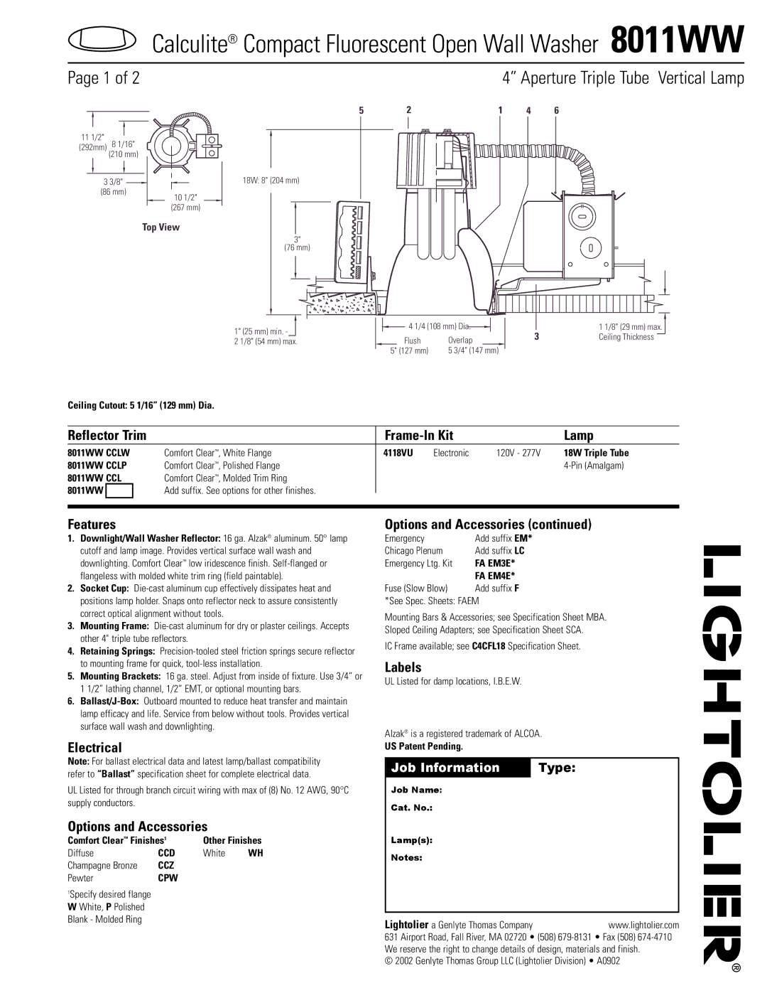 Lightolier 8011WW specifications Reflector Trim Frame-In Kit Lamp, Features, Electrical, Options and Accessories, Labels 