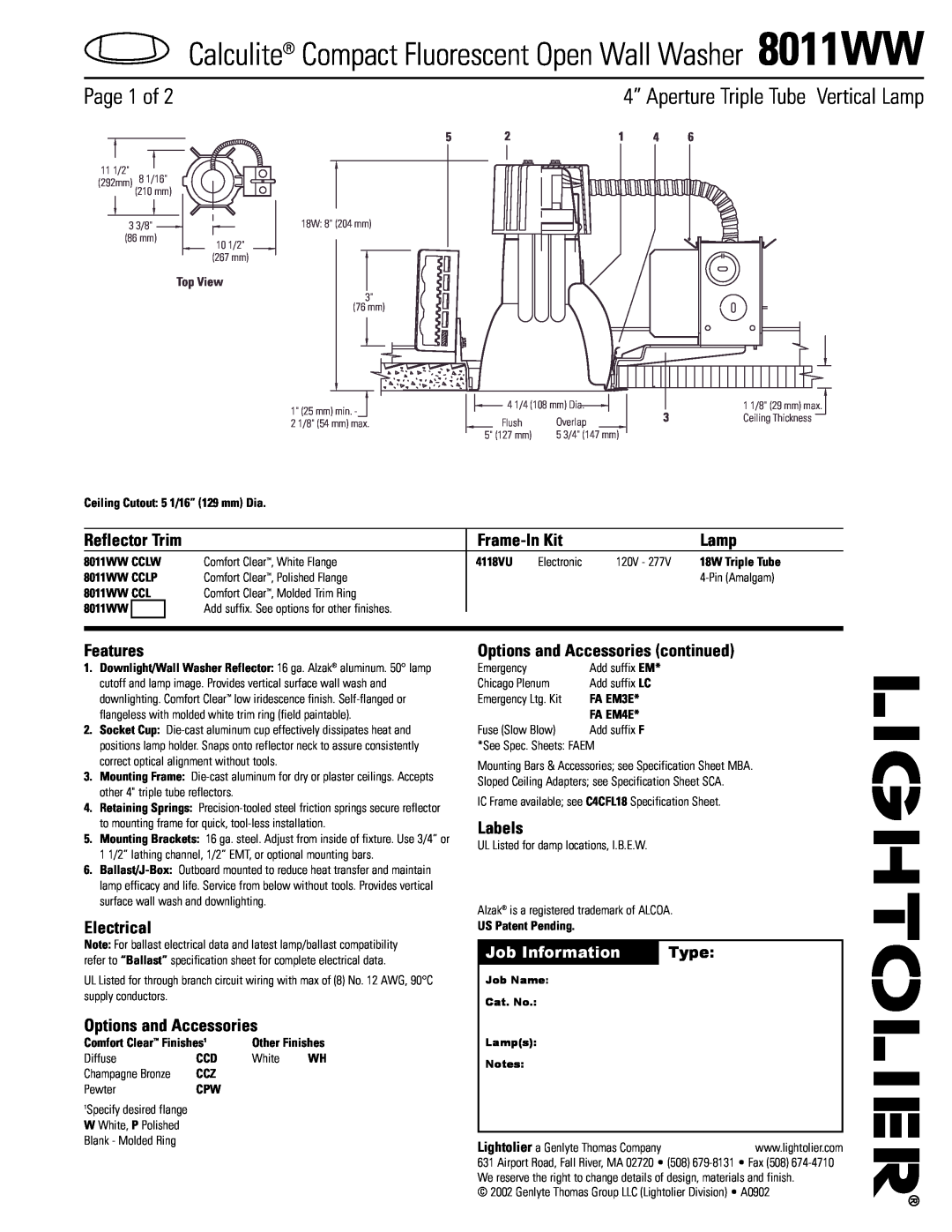 Lightolier 8011WW specifications Page 1 of, 4” Aperture Triple Tube Vertical Lamp, Job Information, Type, Reflector Trim 