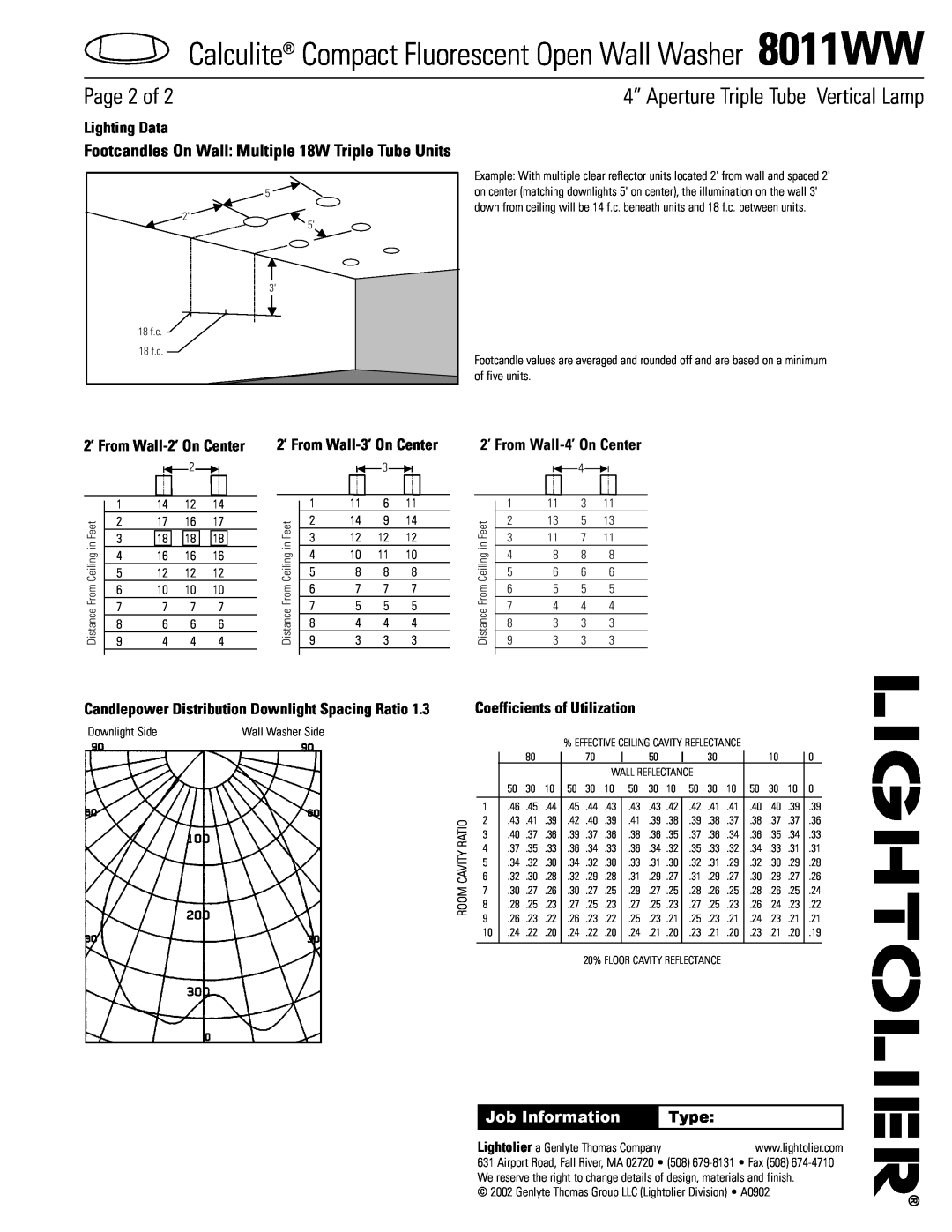 Lightolier 8011WW specifications 4” Aperture Triple Tube Vertical Lamp, Page 2 of, Lighting Data, Job Information, Type 