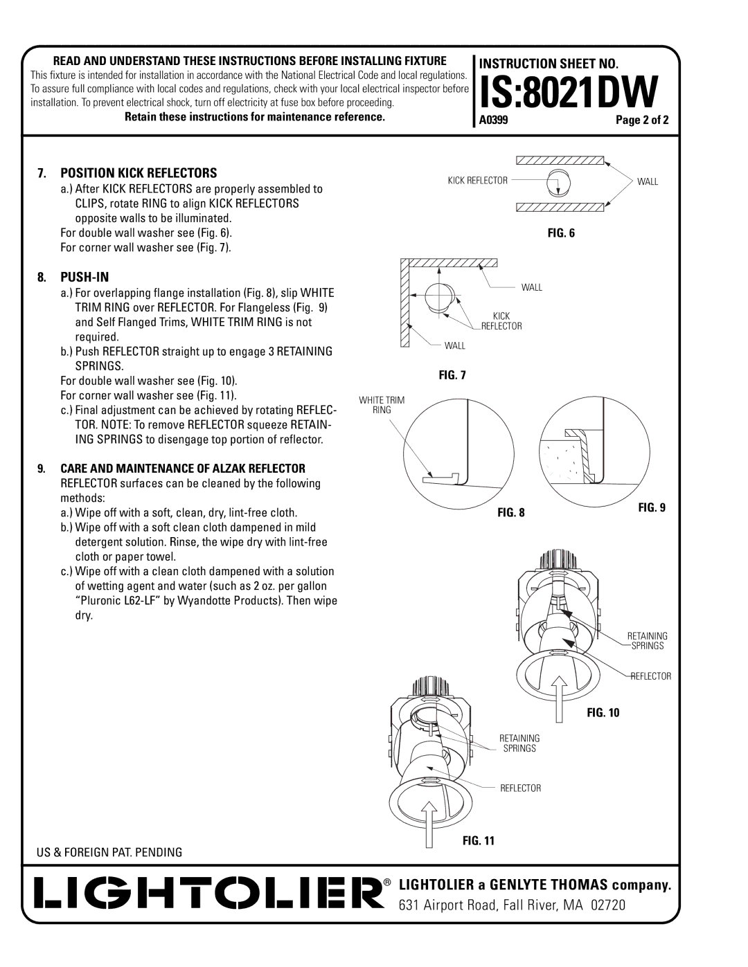 Lightolier 8021DW instruction sheet Position Kick Reflectors, Push-In, Springs, Care and Maintenance of Alzak Reflector 