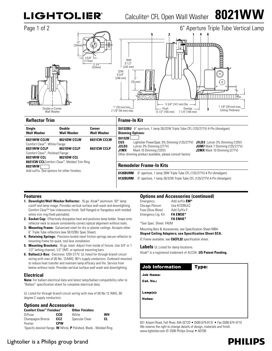 Lightolier 8021WW specifications Remodeler Frame-In Kits, Features, Electrical, Options and Accessories 