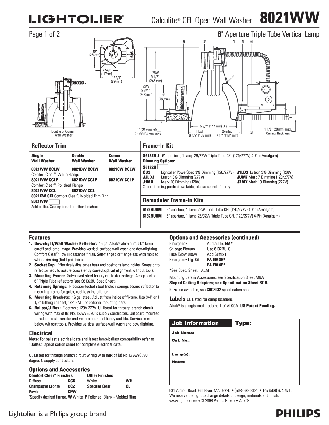 Lightolier 8021WW specifications Page 1 of, Aperture Triple Tube Vertical Lamp, Lightolier is a Philips group brand, Type 