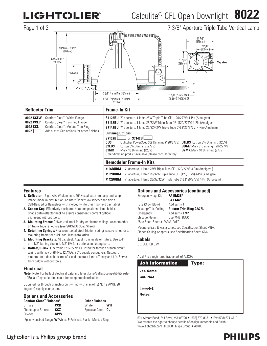 Lightolier 8022 specifications Reflector Trim Frame-In Kit, Remodeler Frame-In Kits, Features, Electrical, Labels 