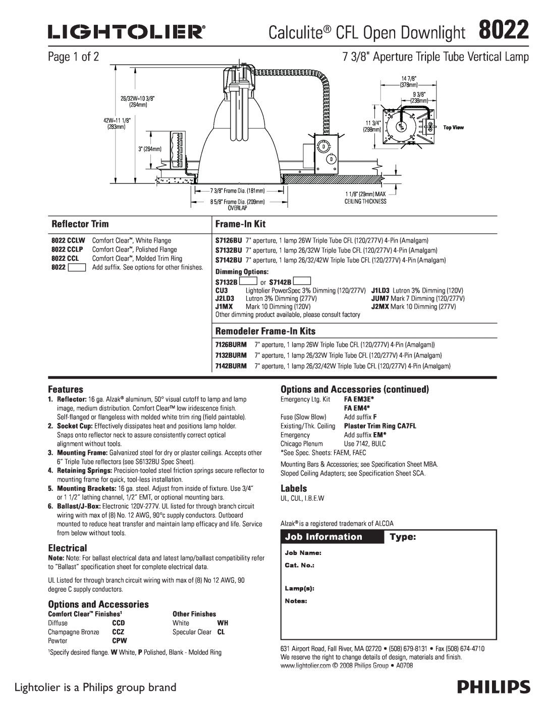 Lightolier specifications Calculite CFL Open Downlight8022, Page 1 of, Lightolier is a Philips group brand, Frame-InKit 
