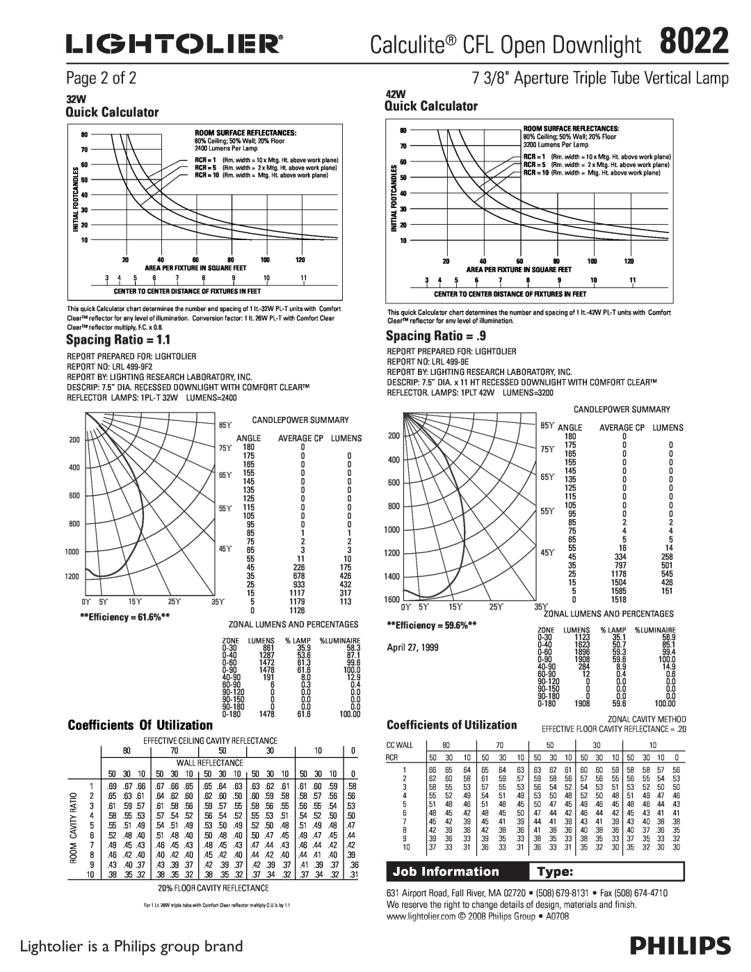 Lightolier 8022 Page 2 of, 7 3/8 Aperture Triple Tube Vertical Lamp, Quick Calculator, Spacing Ratio =, Job Information 