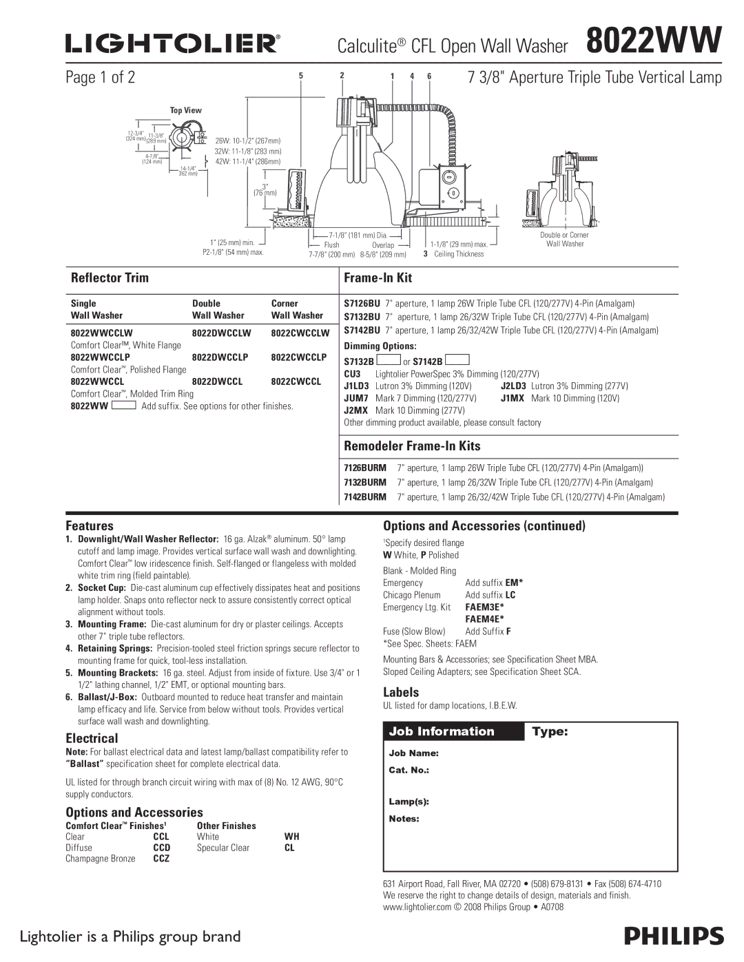 Lightolier 8022WW specifications Aperture Triple Tube Vertical Lamp, Reflector Trim Frame-In Kit, Features, Electrical 