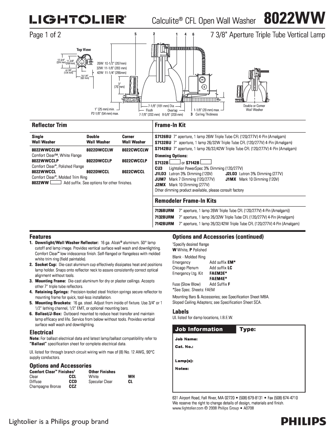 Lightolier specifications Page 1 of, Lightolier is a Philips group brand, Calculite CFL Open Wall Washer8022WW, Labels 